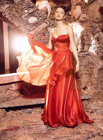 Burnt Orange Layered Gown - Ruffled Evening Wear