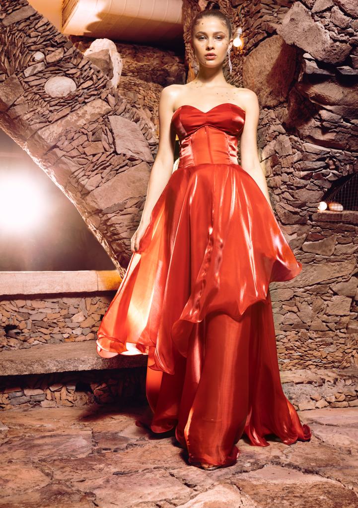 Burnt Orange Layered Gown - Ruffled Evening Wear
