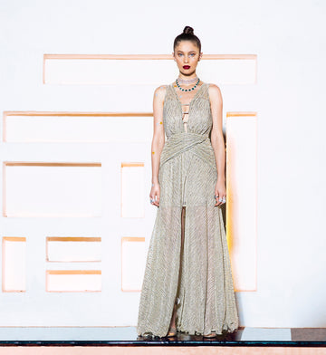 Silver Grey Textured Gown - Draped Evening Dress