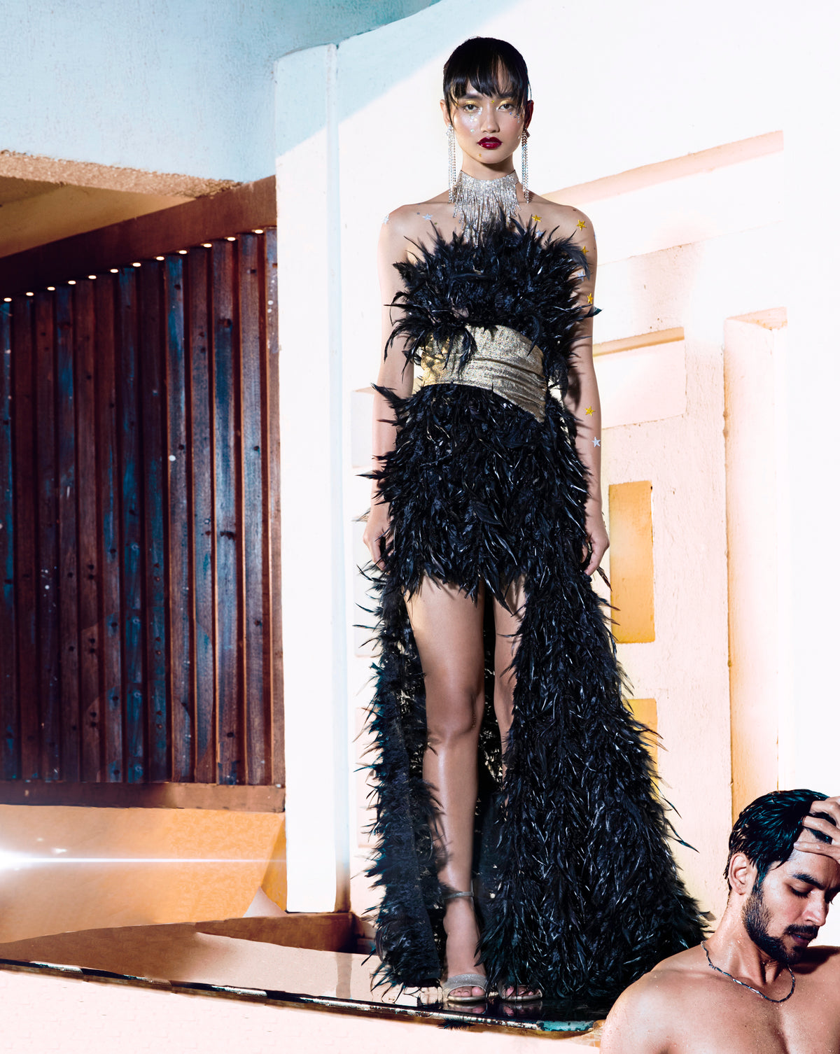 Black Feather Gown - Dramatic Trail Dress