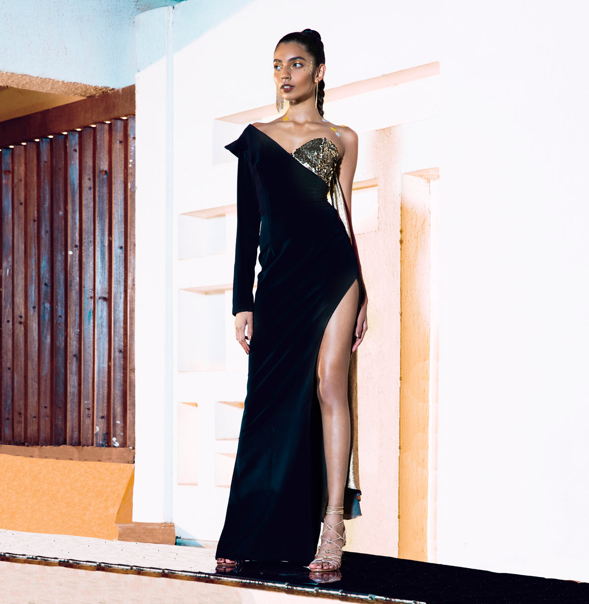 Black Shoulder Gown - Metallic Bustier Dress