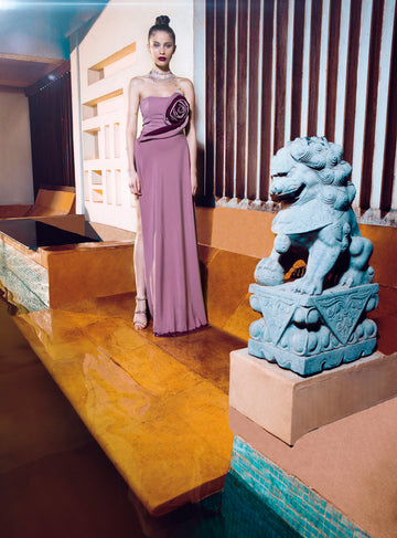 Old Rose Structured Gown - Elegant Evening Wear