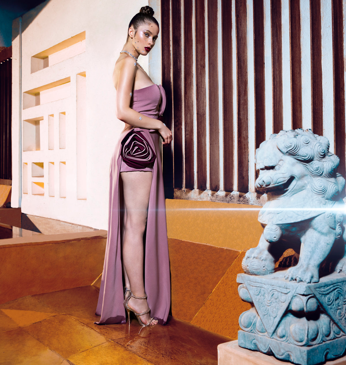 Old Rose Structured Gown - Elegant Evening Wear