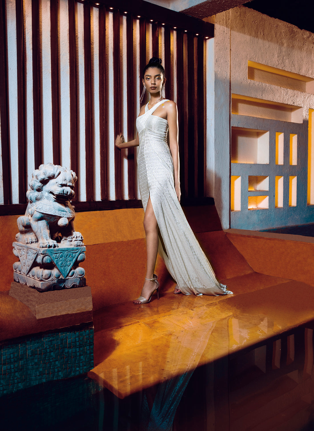 Silver Halter Gown - High-Slit Metallic Dress