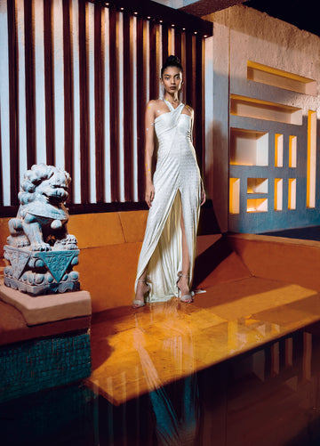 Silver Halter Gown - High-Slit Metallic Dress