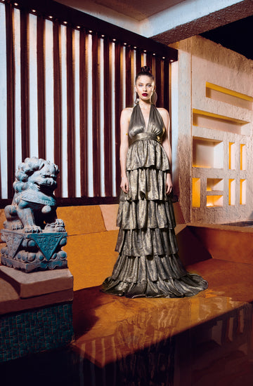 Copper Gold Halter Gown - Ruffled Evening Wear