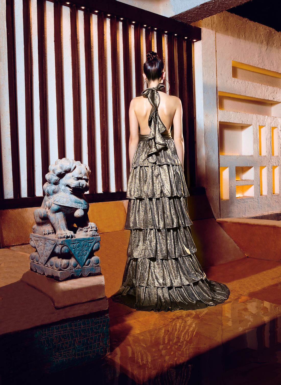Copper Gold Halter Gown - Ruffled Evening Wear
