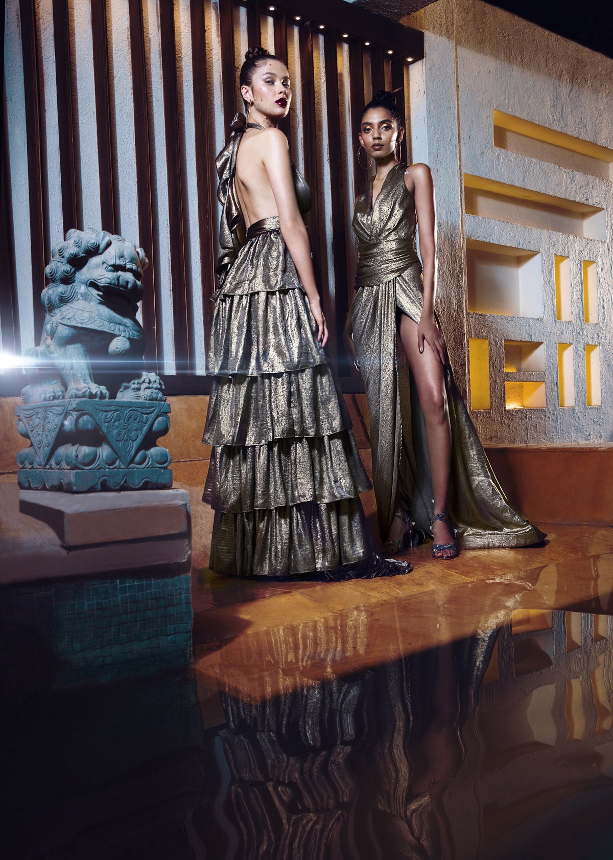 Copper Gold Draped Gown - High-Slit Evening Dress
