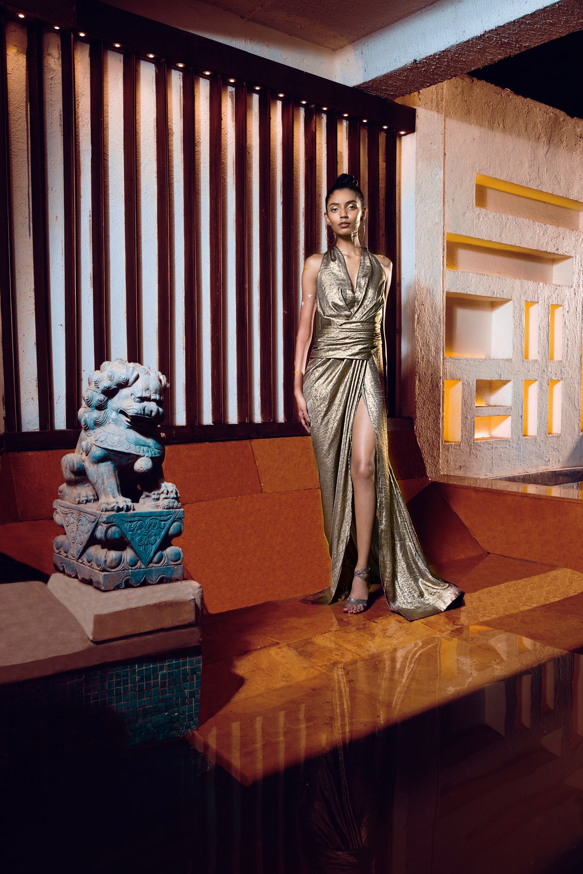 Copper Gold Draped Gown - High-Slit Evening Dress