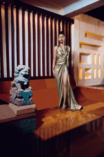 Copper Gold Draped Gown - High-Slit Evening Dress